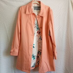 NWT Sears Coral Peach Cotton Blend Trench Coat Jacket with Floral Interior L